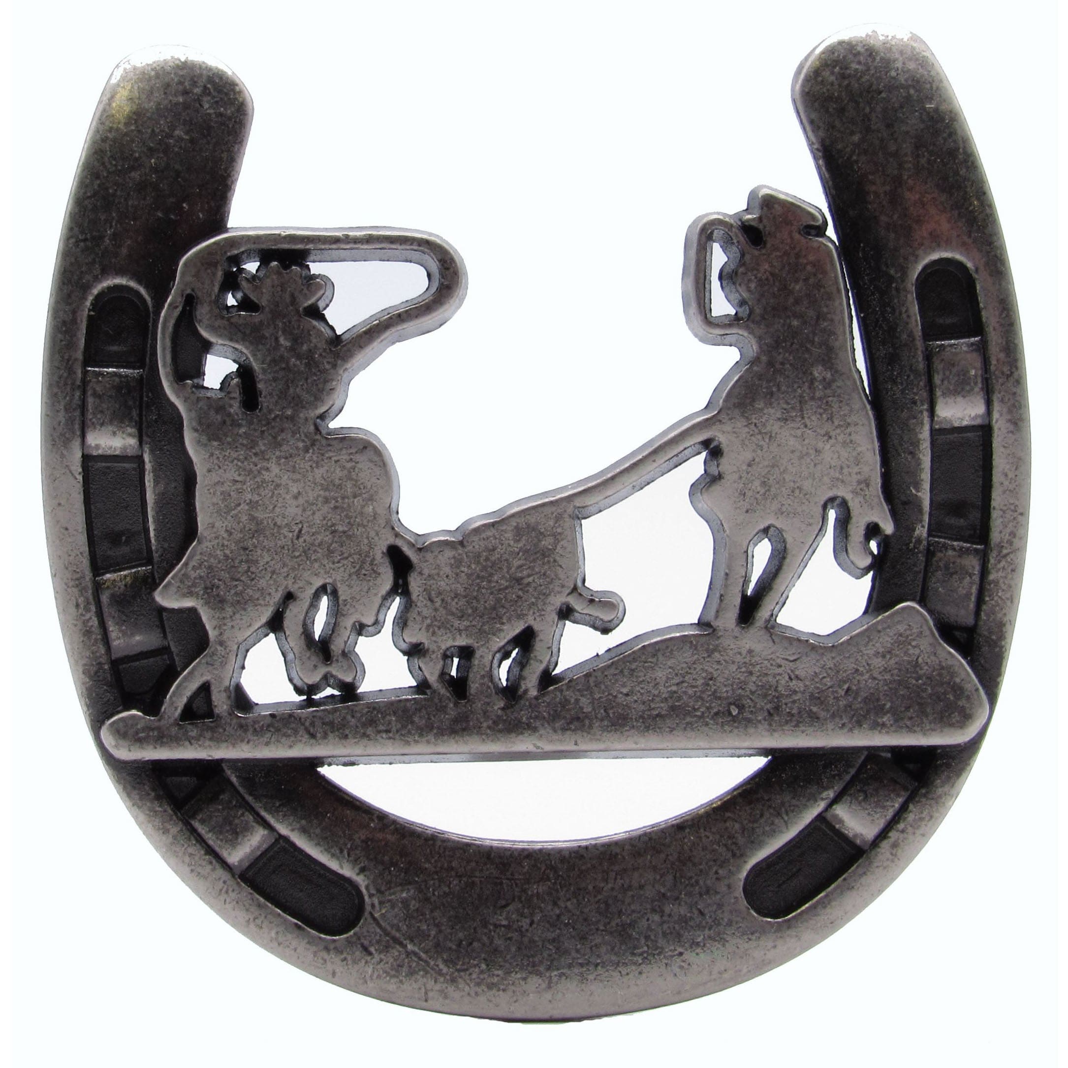 Cowboys Roping Calf Horseshoe Knob, Old Silver