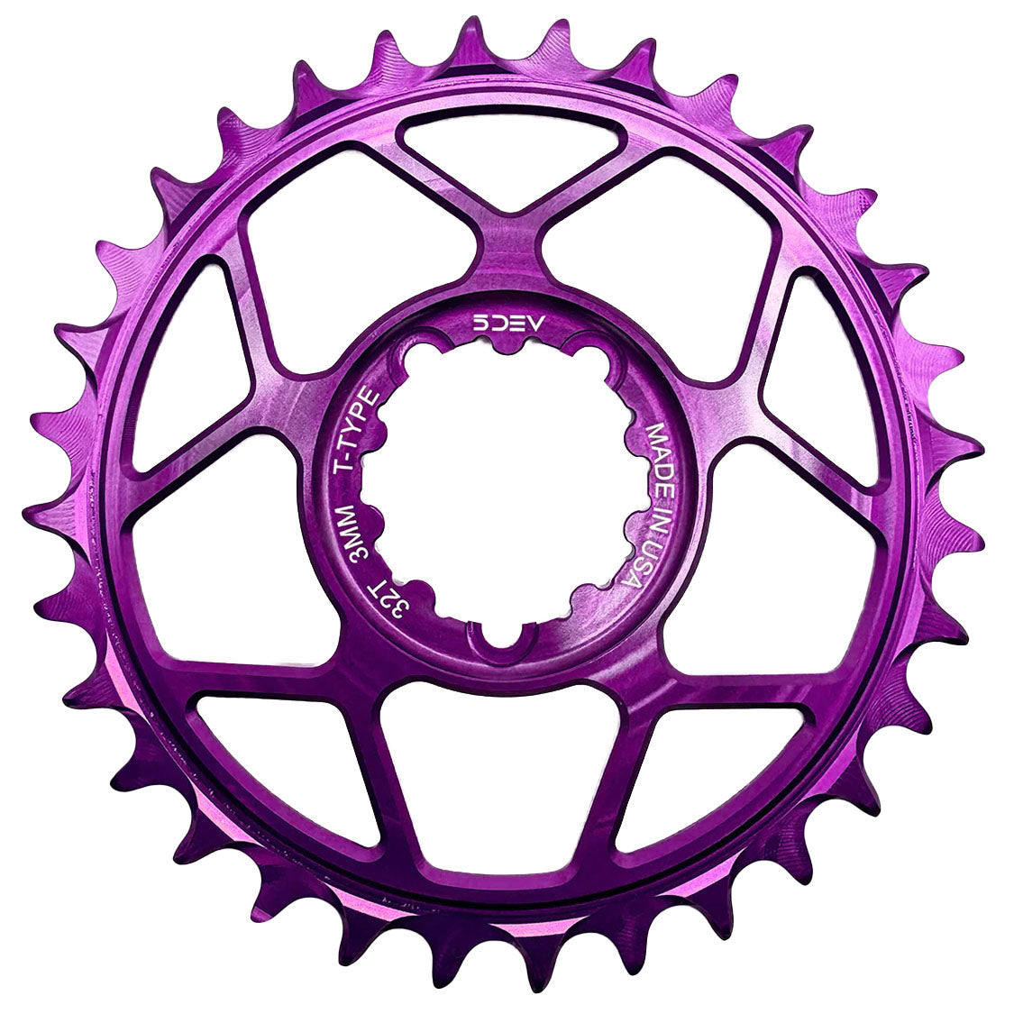 5Dev T-Type 3-Bolt Chainring, 3mm Offset, 32T, Purple
