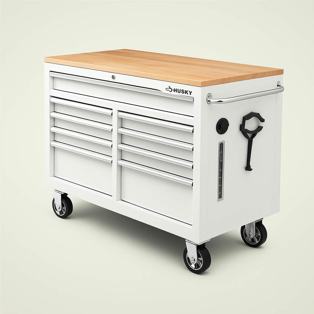 Husky 46 in. Gloss White Mobile Workbench with Solid Wood Top