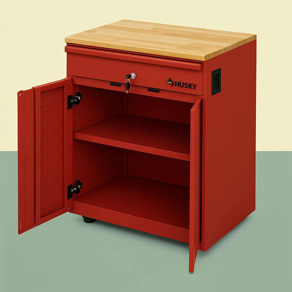 Husky Heavy Duty Welded 20-Gauge Steel 1-Drawer 2-Door Garage Base Cabinet in Red, 28 in. W x 32 in. H x 21.5 in. D