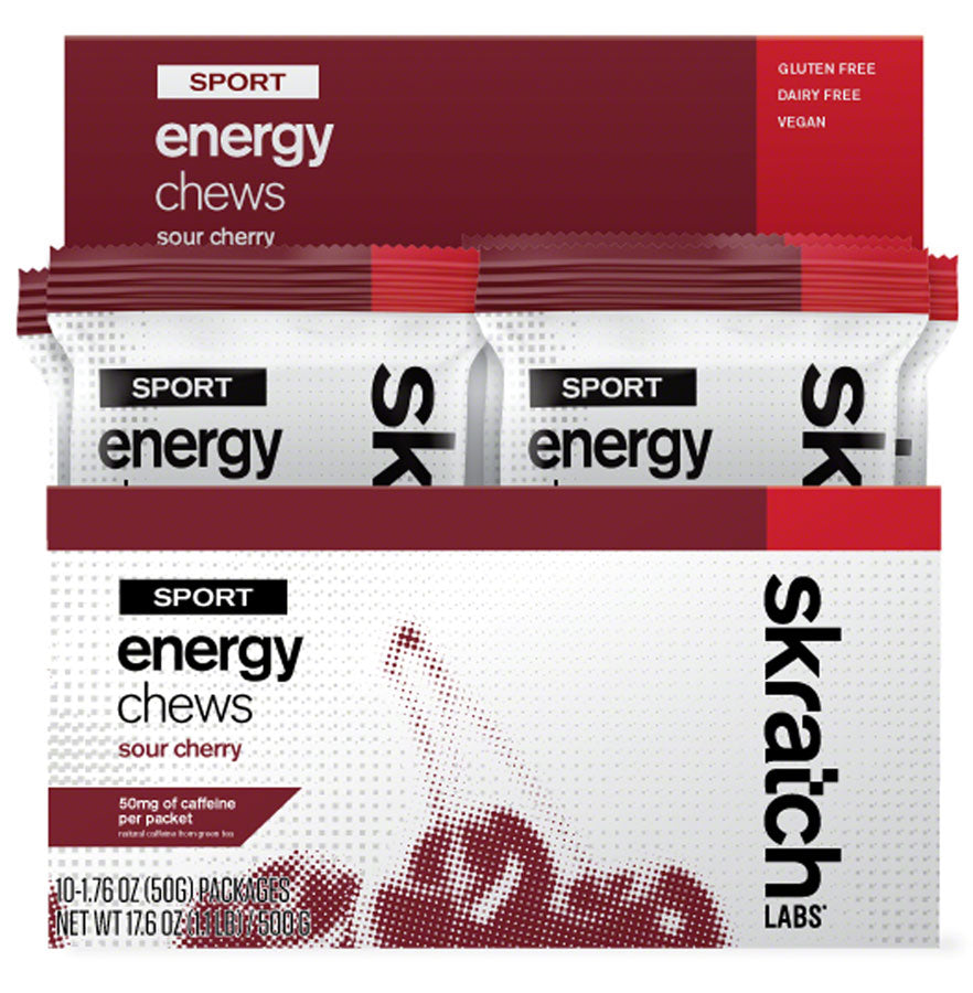 Skratch Labs Energy Chews Sport Fuel - Caffeinated Sour Cherry, Box of 10