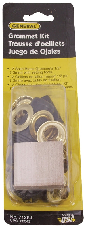 General 71264 Series Grommet Kit, Includes: Anvil, Cutting Block, (48) 1/2 in Grommets, Hole Cutter and Mandrill, Brass