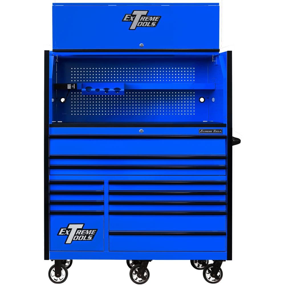 Extreme Tools RX Professional 55 in. W x 25 in. D Extreme Power Workstation Hutch and 12-Drawer Combo in Blue with Black Drawer Pulls