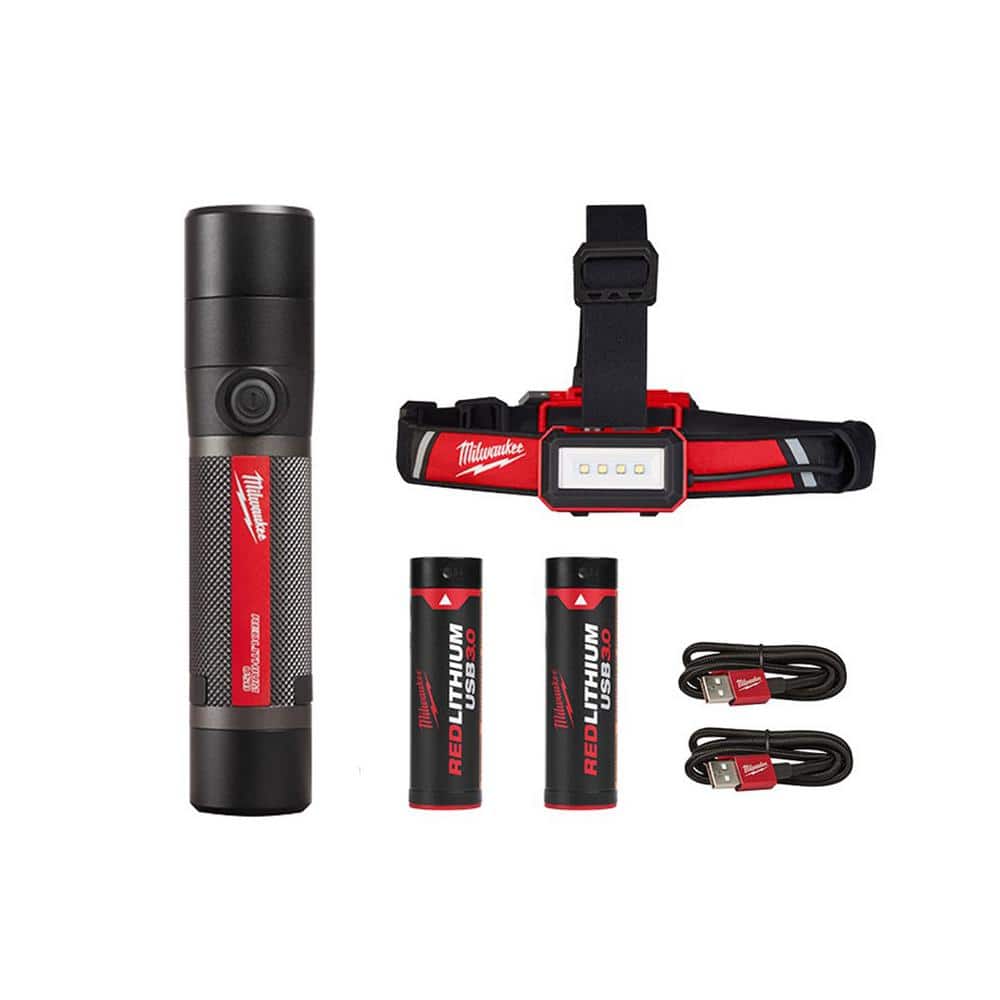 Milwaukee 800 Lumens LED USB Rechargeable HP Fixed Focus Flashlight and 600 Lumens Low-Profile Hard Hat Headlamp (2-Pack)