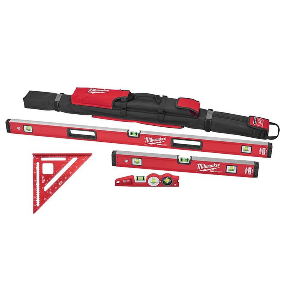 Milwaukee 10 in./24 in./48 in. REDSTICK Box Beam and Torpedo Level Set with 7 in. Rafter Square