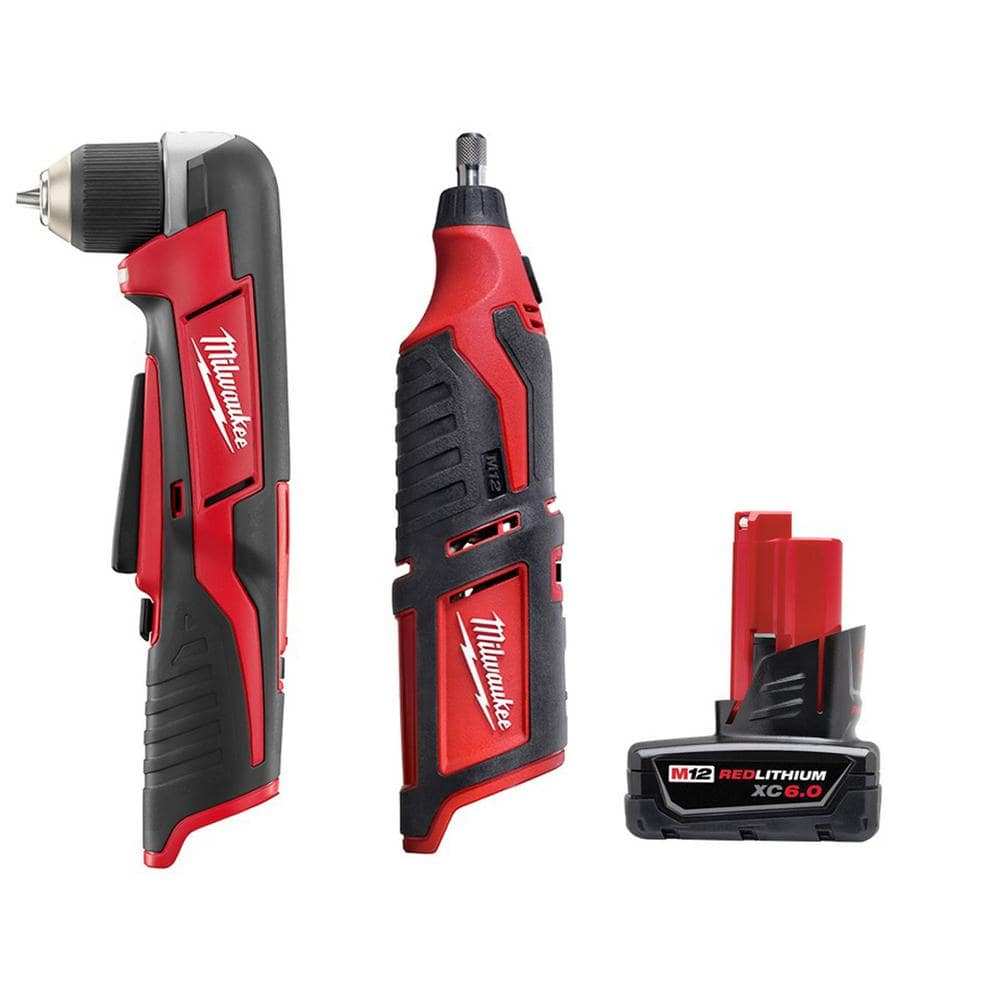 Milwaukee M12 12V Lithium-Ion Cordless 3/8 in. Right Angle Drill with M12 Rotary Tool and 6.0 Ah XC Battery Pack