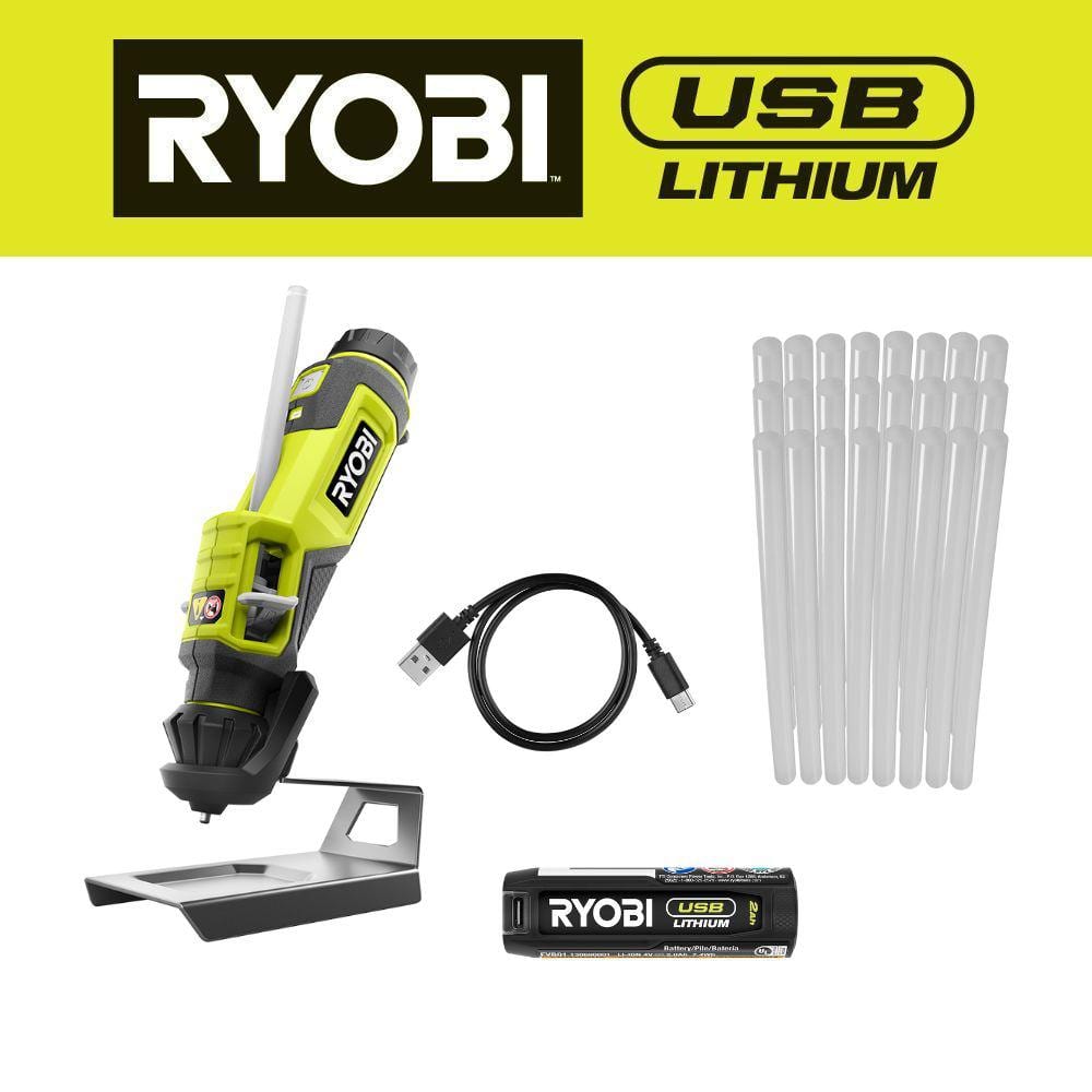 RYOBI USB Lithium Glue Pen Kit with 2.0 Ah USB Lithium Battery, Charging Cable, and Mini Size Glue Sticks (24-Piece)