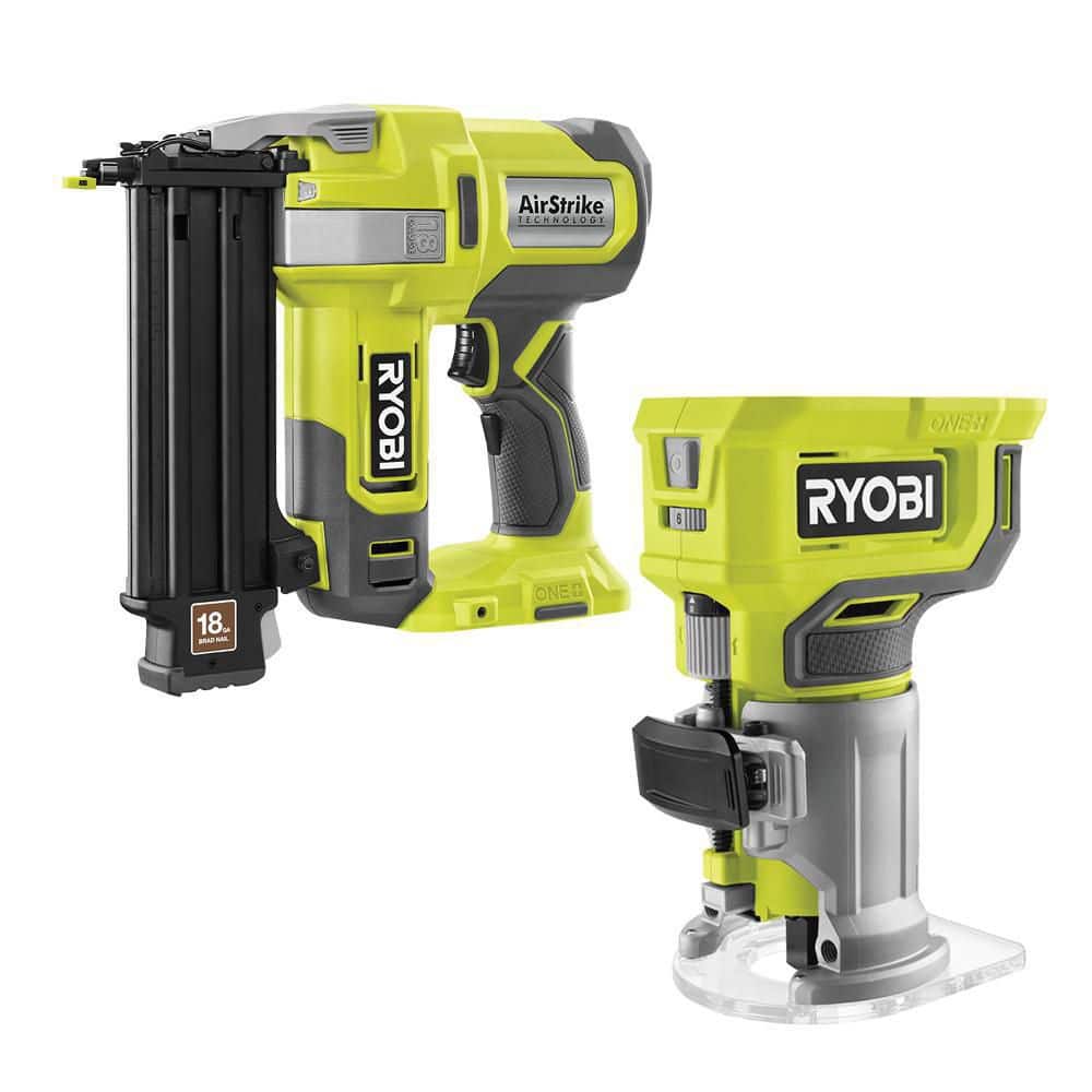 RYOBI ONE+ 18V 18-Gauge Cordless AirStrike Brad Nailer with Compact Fixed Base Router (Tools Only)