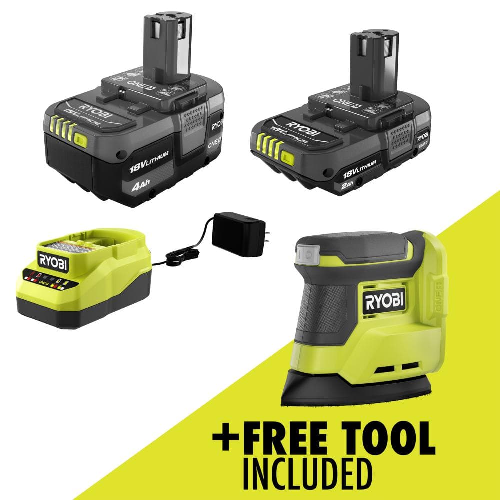 RYOBI ONE+ 18V Lithium-Ion Kit with 2.0 Ah and 4.0 Ah Batteries, Charger, and Free ONE+ 18V Cordless Corner Cat Finish Sander