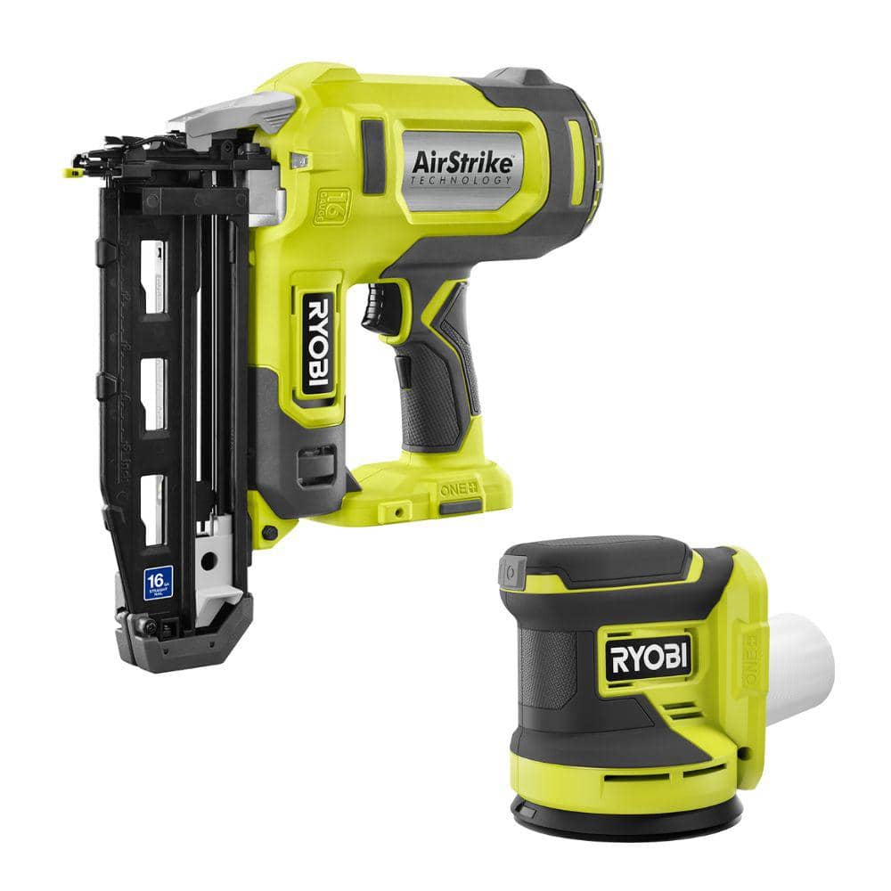 RYOBI ONE+ 18V 16-Gauge Cordless AirStrike Finish Nailer with Cordless 5 in. Random Orbit Sander (Tools Only)
