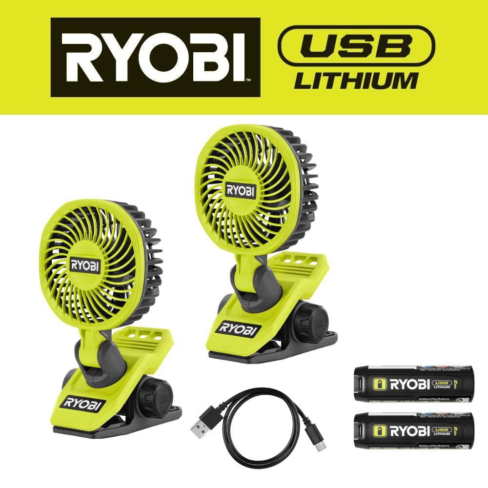 RYOBI USB Lithium Clamp Fan Kit 2-Pack with (2) 2.0 Ah USB Lithium Batteries and Charging Cable