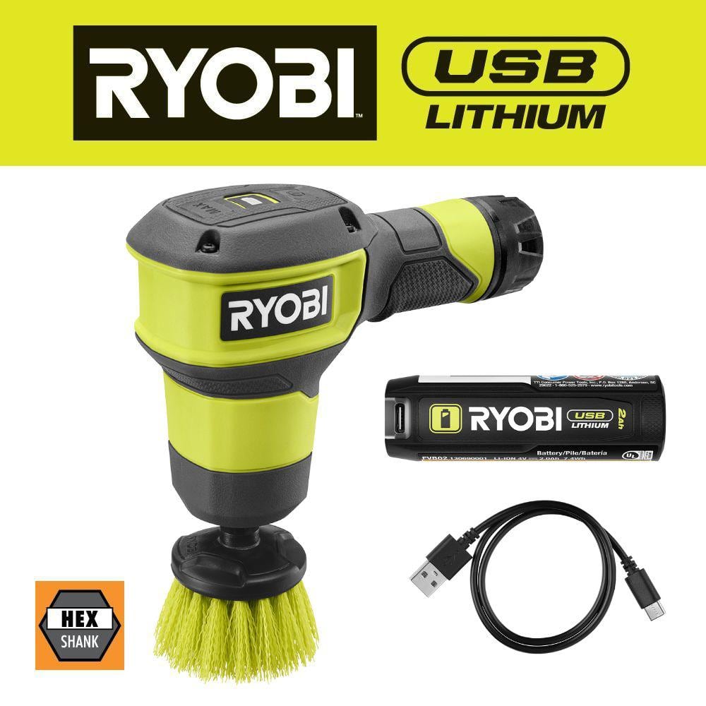 RYOBI USB Lithium Compact Scrubber Kit with 2.0 Ah Battery, USB Charging Cord, and 2 in. Medium Bristle Brush