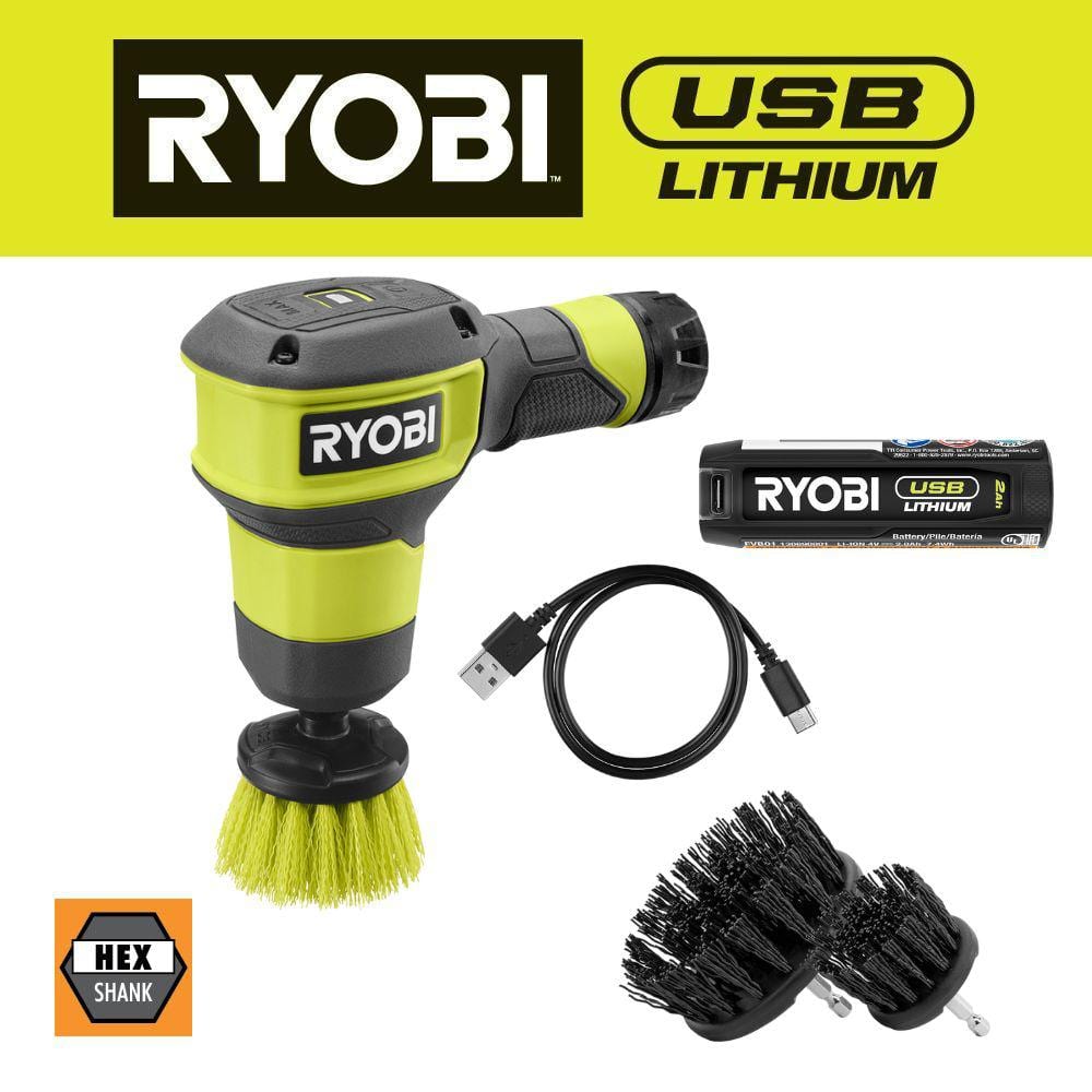 RYOBI USB Lithium Compact Scrubber Kit with Battery, Charging Cord, Medium Bristle Brush & 2-Pack of Abrasive Bristle Brushes