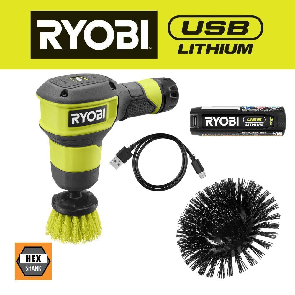 RYOBI USB Lithium Compact Scrubber Kit with 2.0 Ah Battery, and USB Charging Cord w/ Medium and Abrasive Bristle Brush
