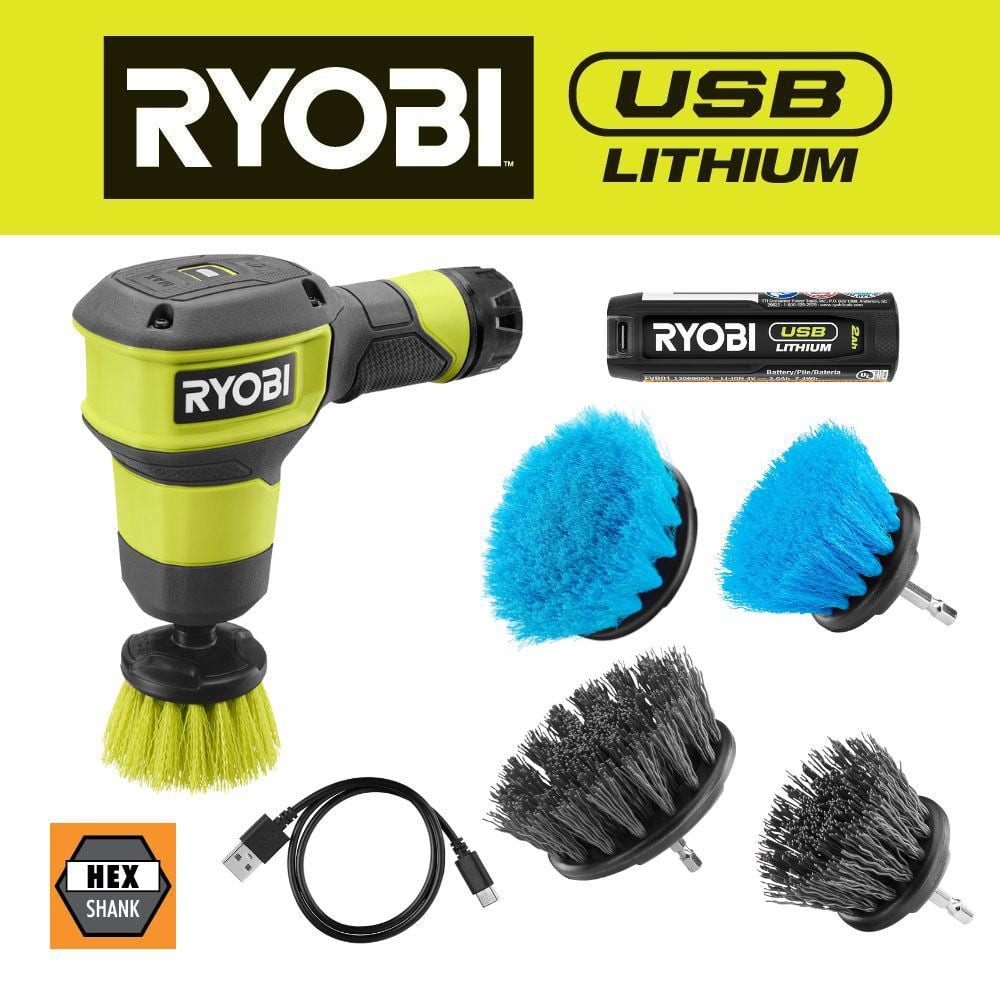 RYOBI USB Lithium Compact Scrubber Kit with 2.0 Ah Battery and USB Charging Cord w/ Medium, Soft, and Hard Bristle Brushes
