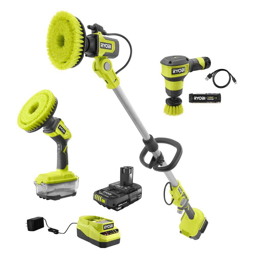 RYOBI ONE+ 18V Soap Dispensing Scrubber & Compact Power Scrubber Kit w/2Ah Battery, Charger & USB Lithium Compact Scrubber Kit