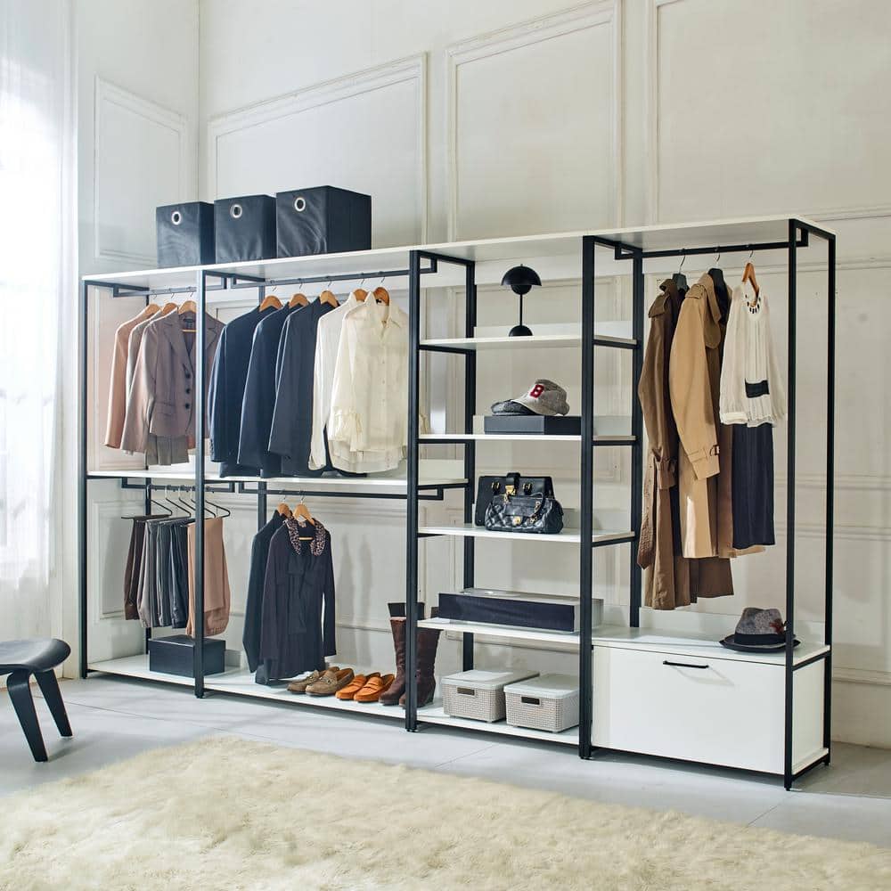 Klair Living Fiona 143 in. W White Freestanding Walk in Wood Closet System with Metal Frame