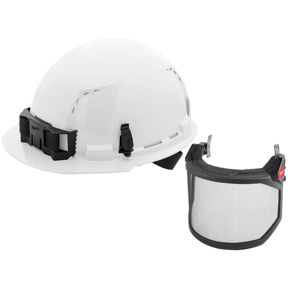 Milwaukee BOLT White Type 1 Class C Front Brim Vented Hard Hat with 4-Point Ratcheting Suspension with BOLT Mesh Full Faceshield
